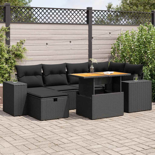 8-piece cushion garden furniture set black, polyrattan/acacia wood