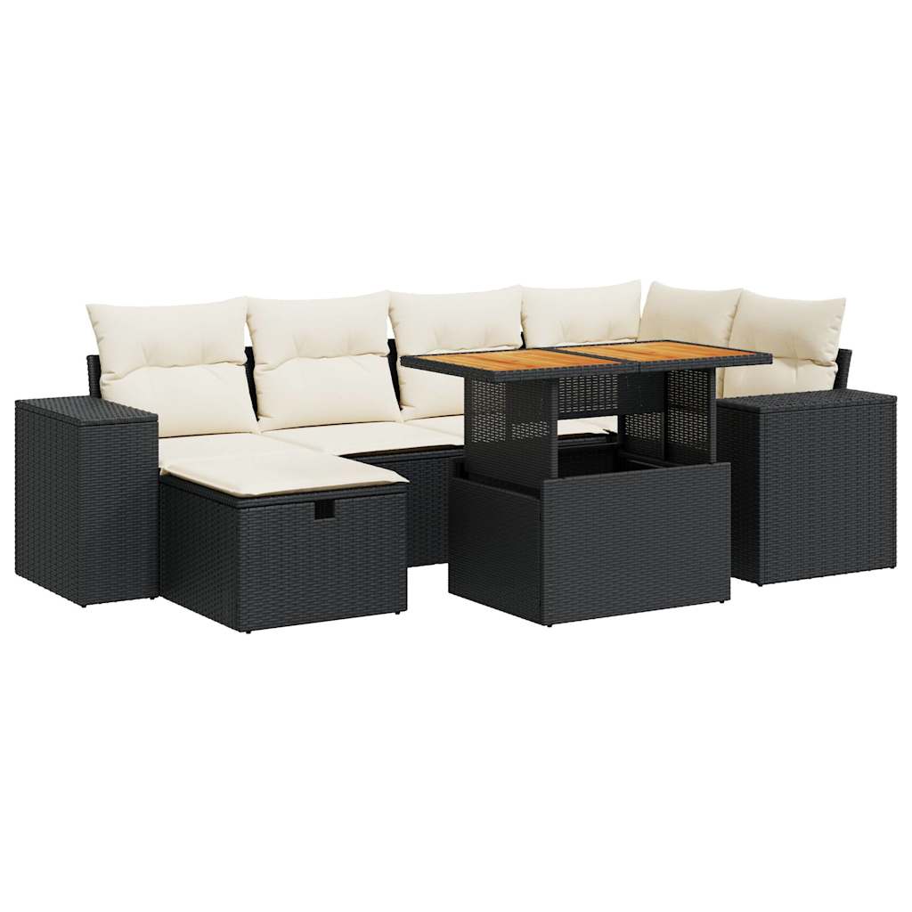 Set mobilier grădină perne 8 piese negru, poliratan/lemn acacia