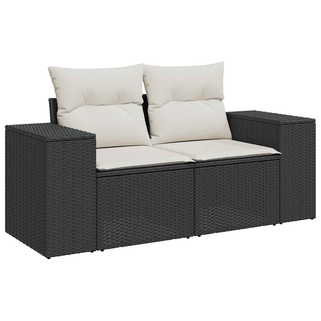 Set mobilier grădină perne 8 piese negru, poliratan/lemn acacia