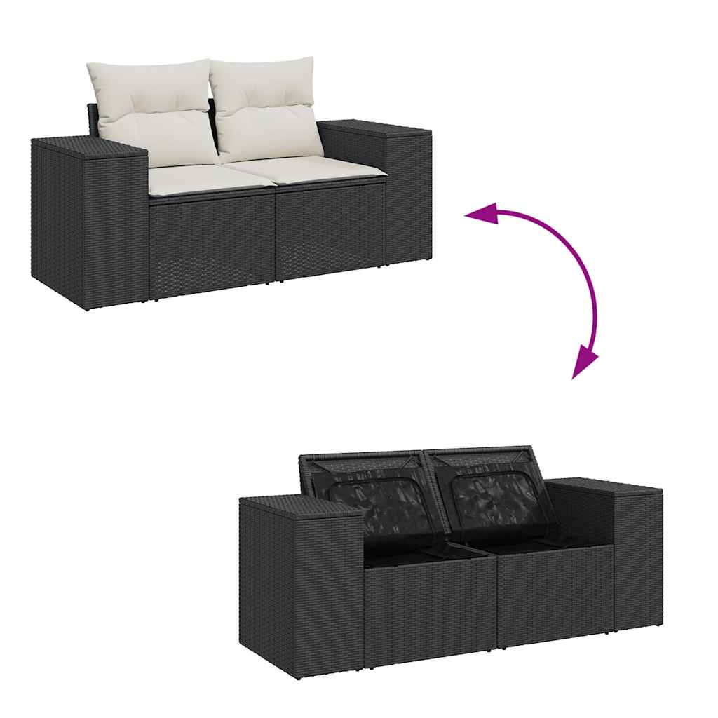 Set mobilier grădină perne 8 piese negru, poliratan/lemn acacia