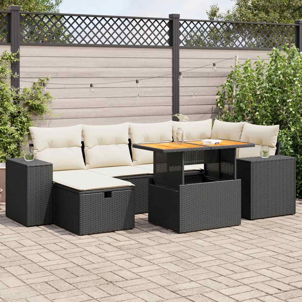 Set mobilier grădină perne 8 piese negru, poliratan/lemn acacia