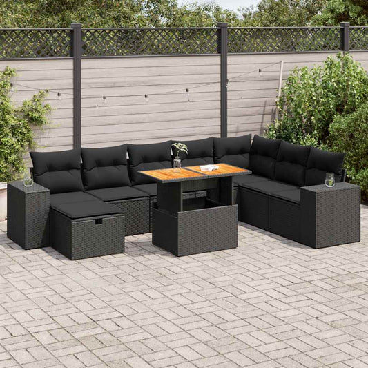 9-piece cushion garden furniture set, black polyrattan/acacia wood