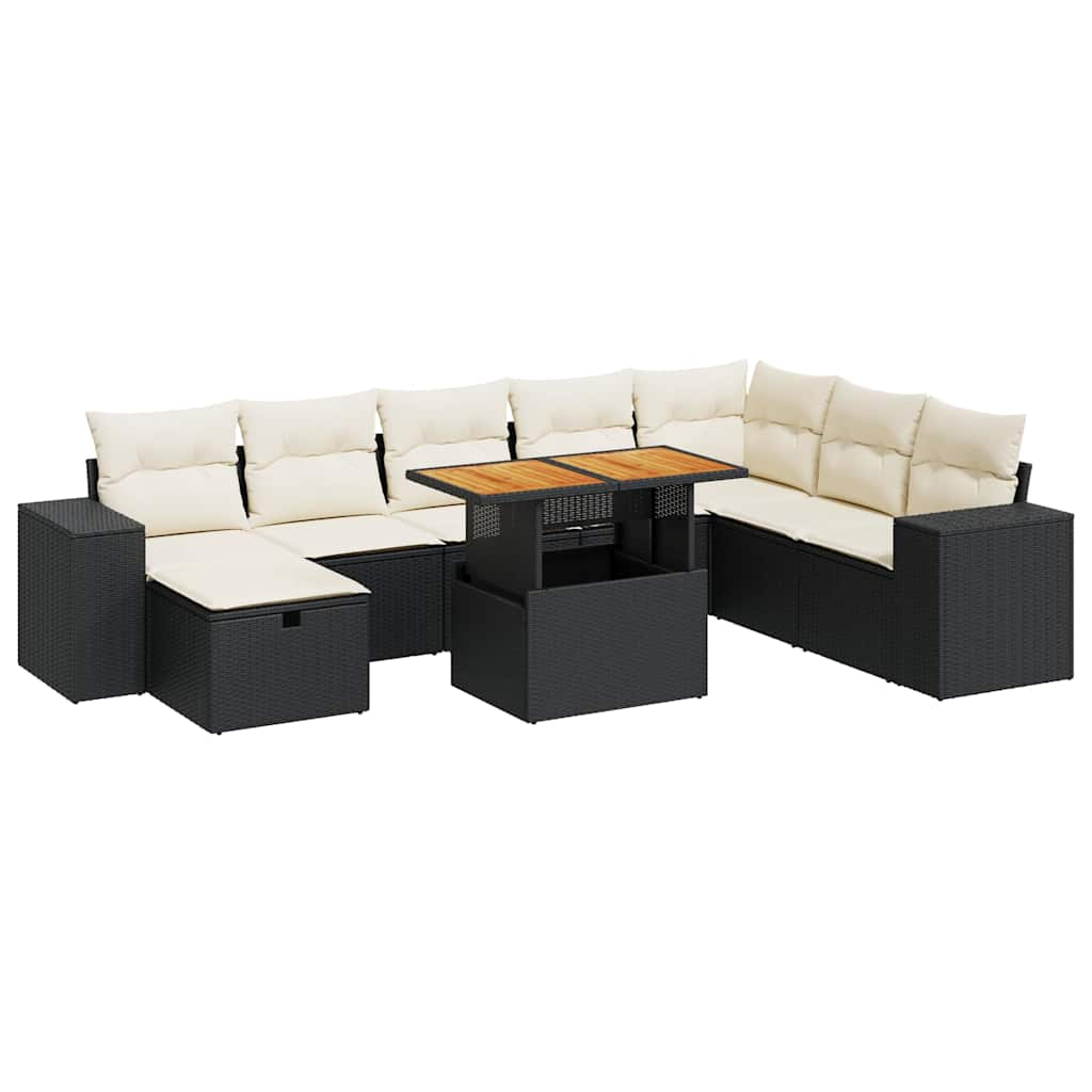 Set mobilier grădină perne 9 piese negru poliratan/lemn acacia