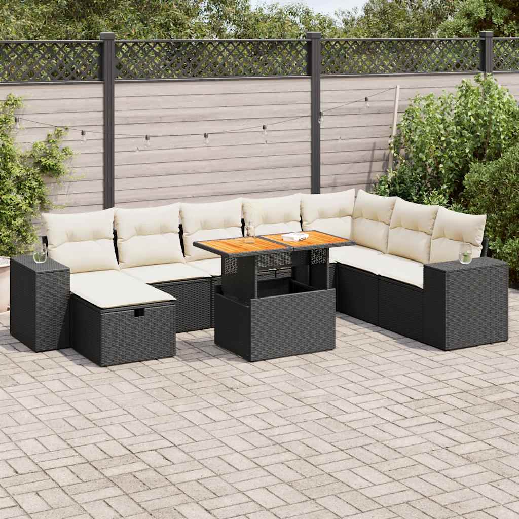 Set mobilier grădină perne 9 piese negru poliratan/lemn acacia