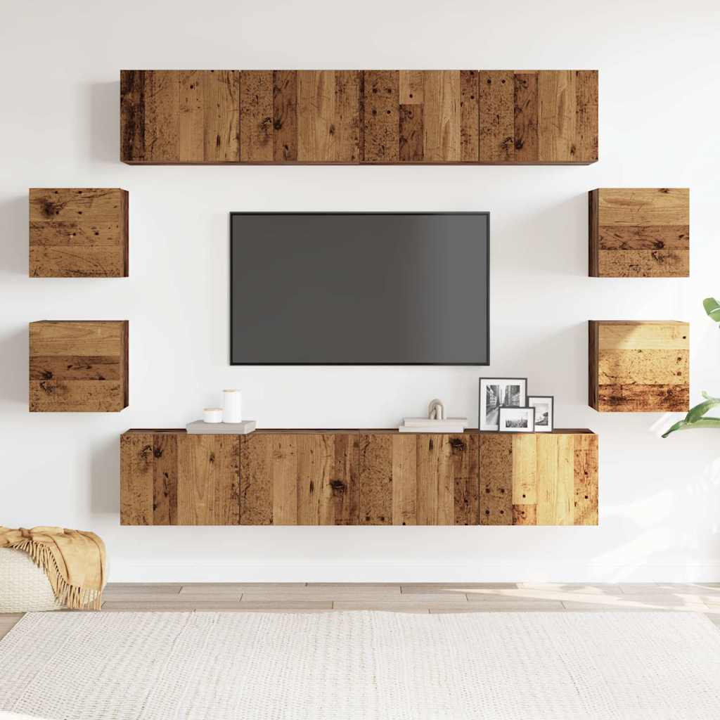 8-piece TV cabinet set wall-mounted old wood processed wood