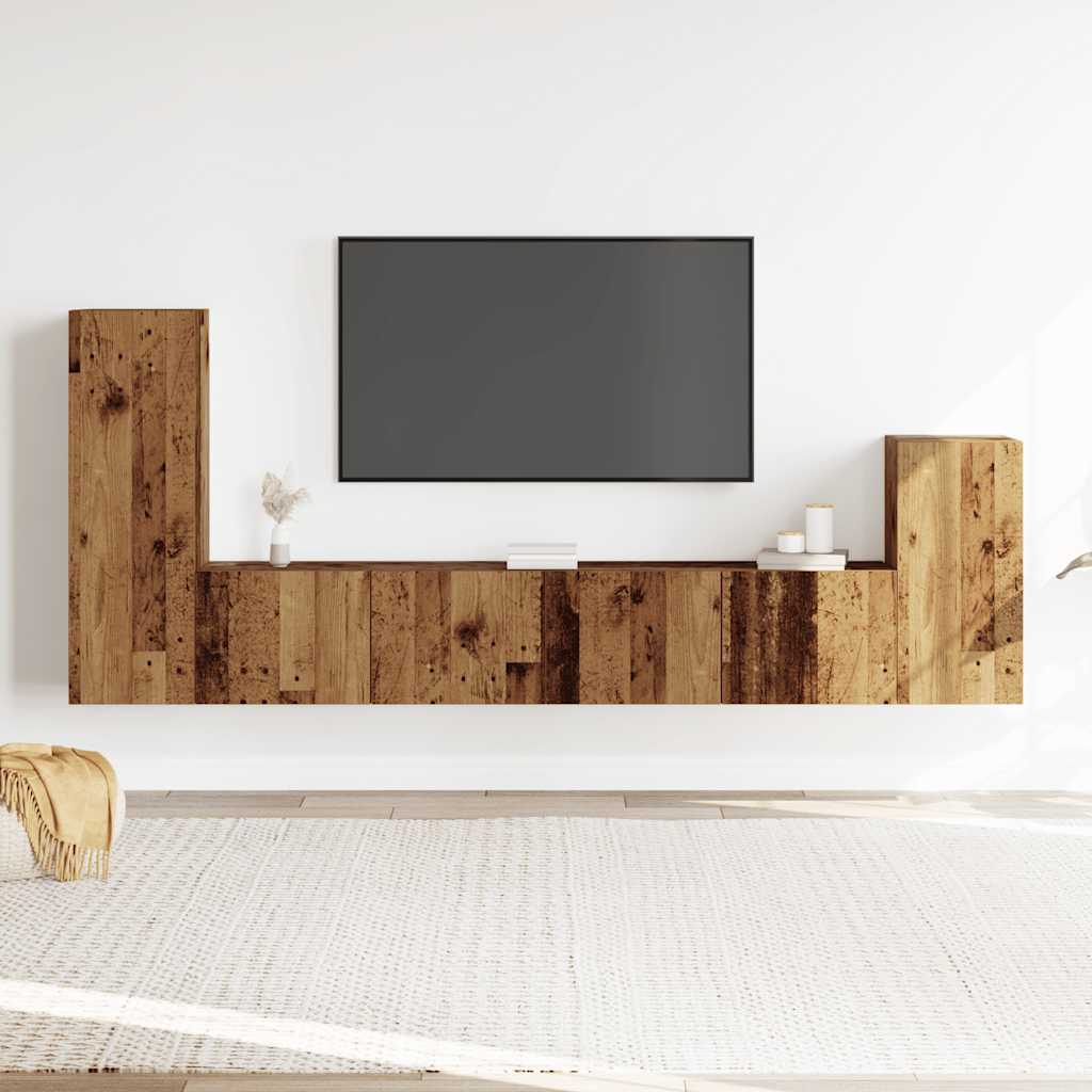 4-piece wall-mounted TV cabinet set, old wood, engineered wood