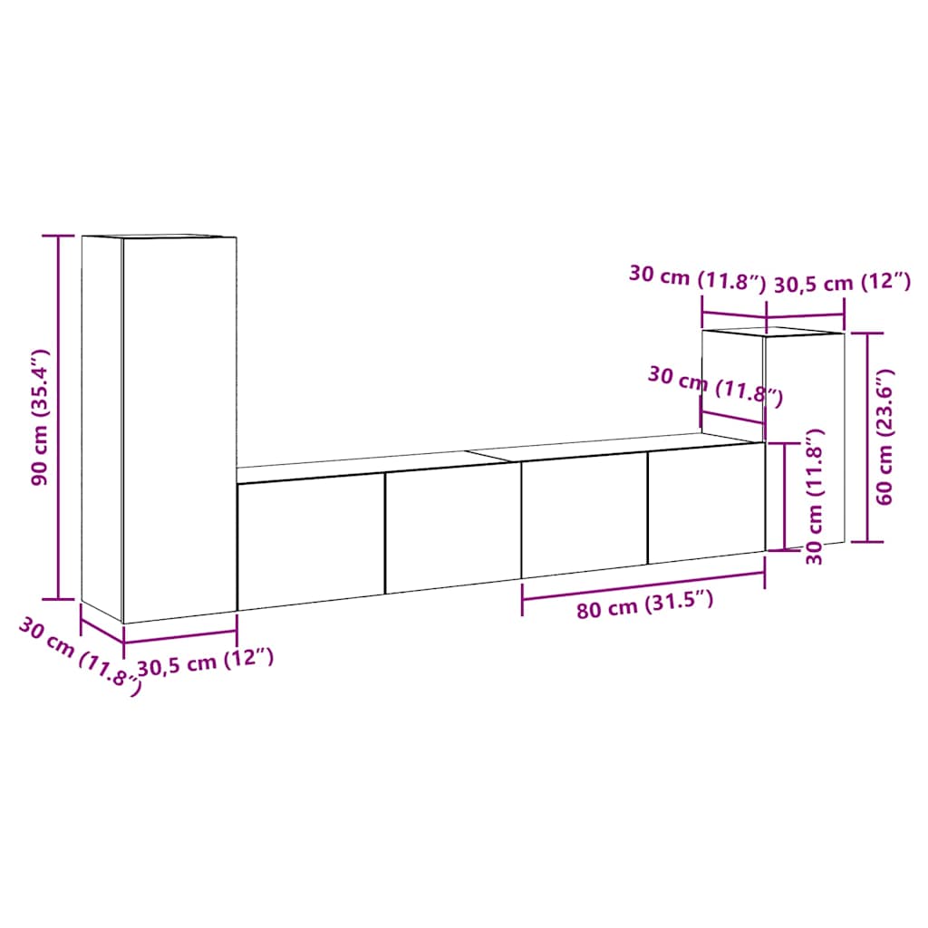 4-piece wall-mounted TV cabinet set, old wood, engineered wood