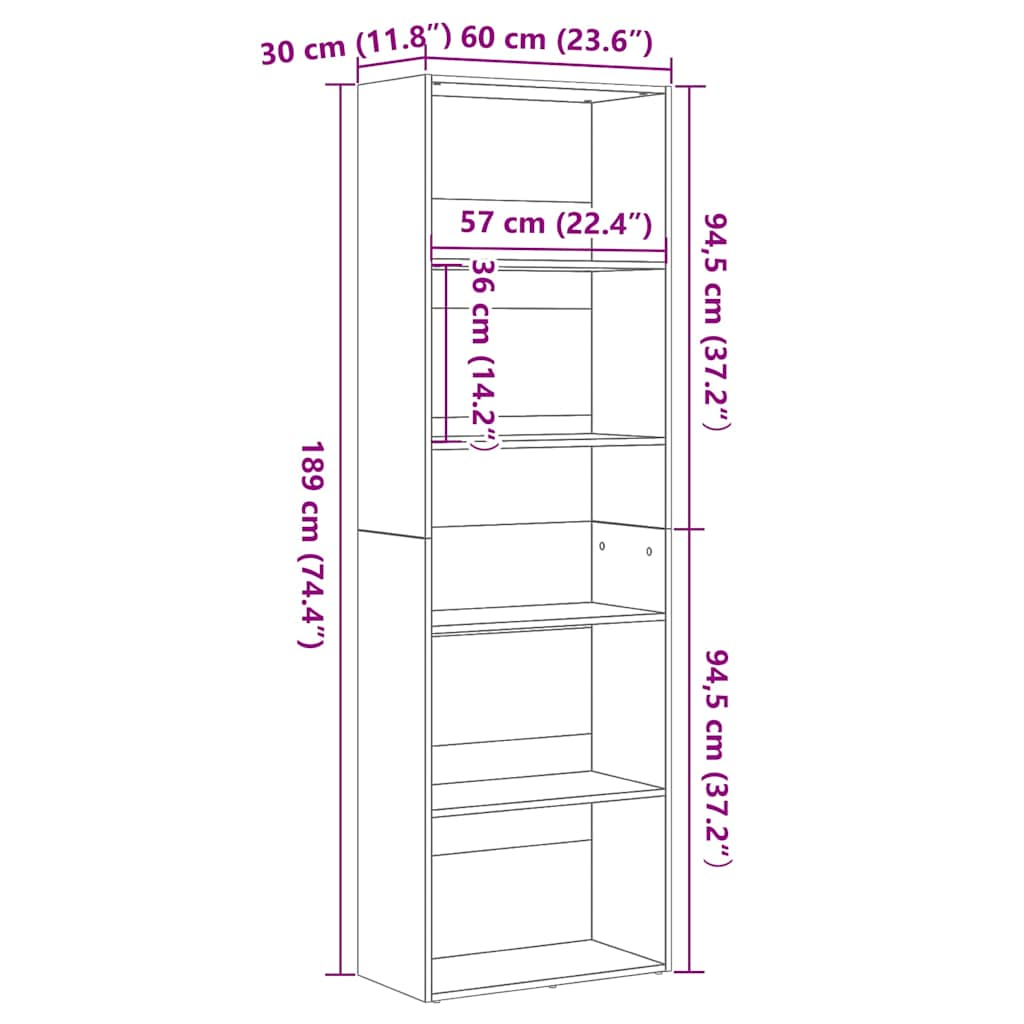 Bookcase Black Oak 60x30x189 cm Processed wood