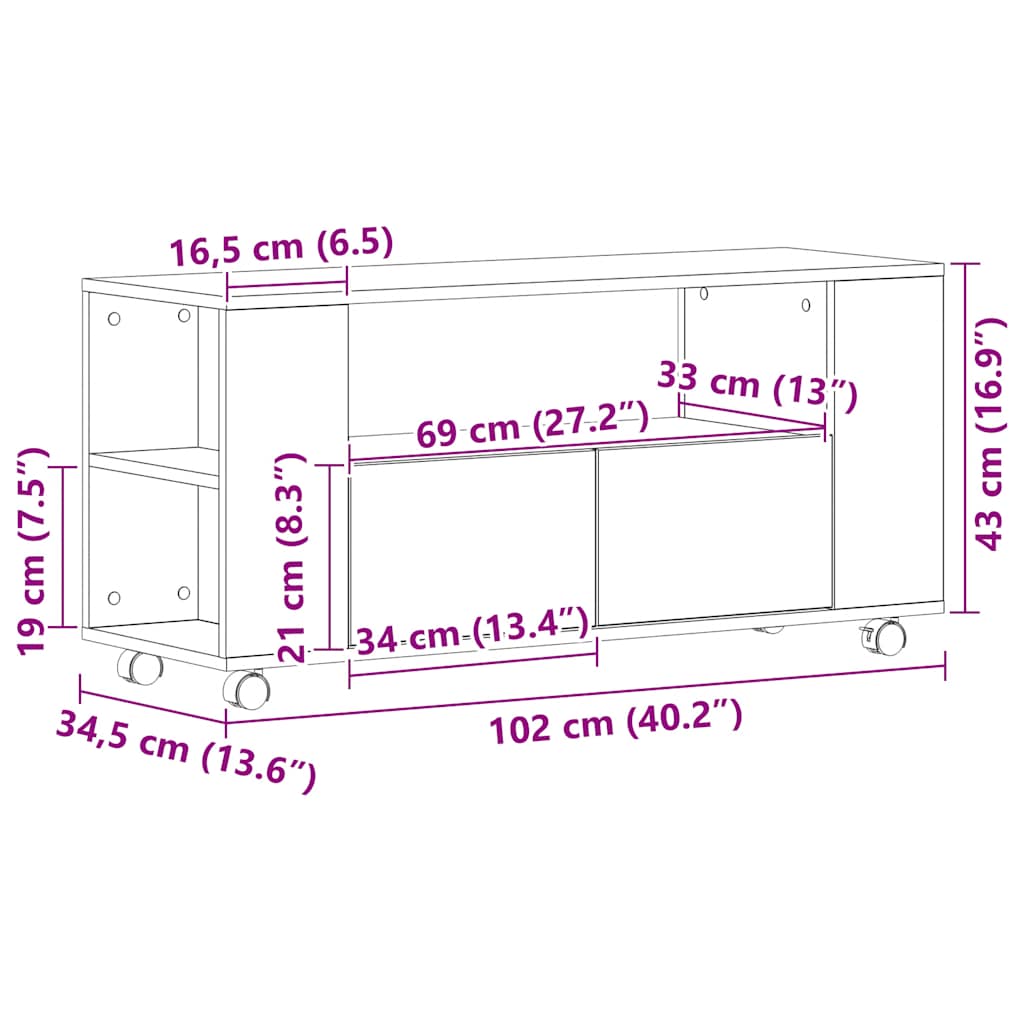 TV cabinet with wheels black oak 102x34.5x43 cm processed wood