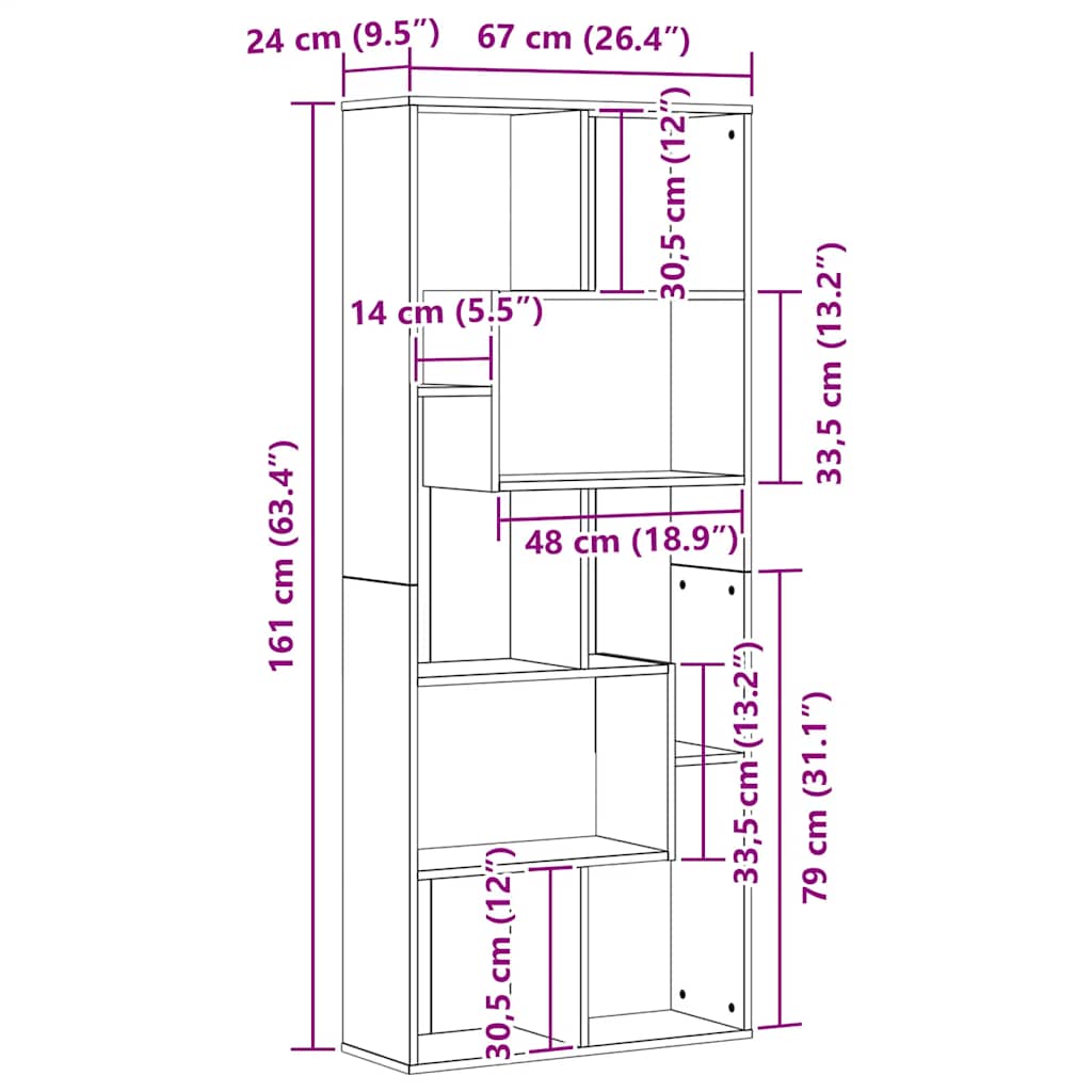 Bookcase, black oak, 67x24x161 cm, engineered wood