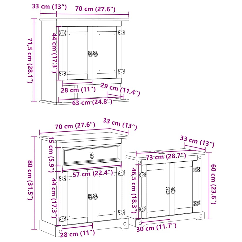 Set mobilier de baie „Corona”, 3 piese, lemn masiv de pin